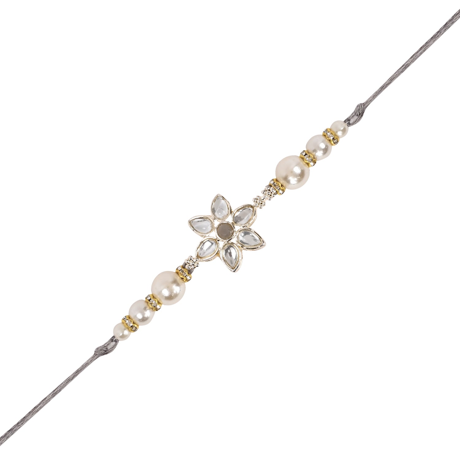 Elegant Bhaiya Bhabhi Grey Lumba & Pearl Rakhi With Roli Chawal &Card