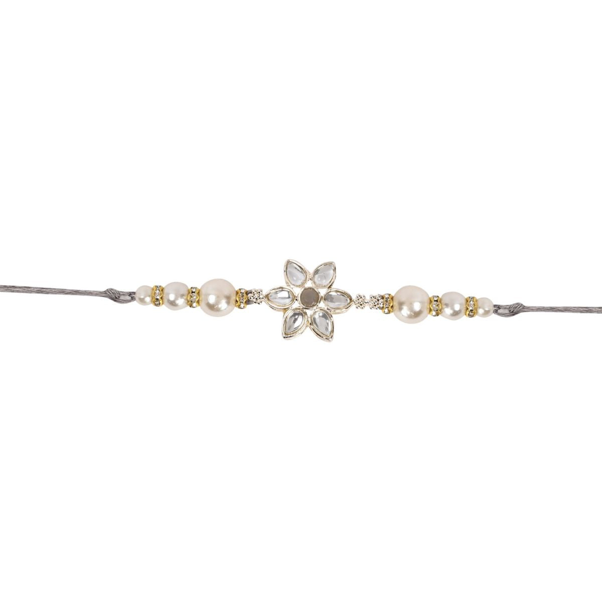 Delicate Pearl Beads Grey Rakhi with Roli Chawal & Rakshabandhan Card
