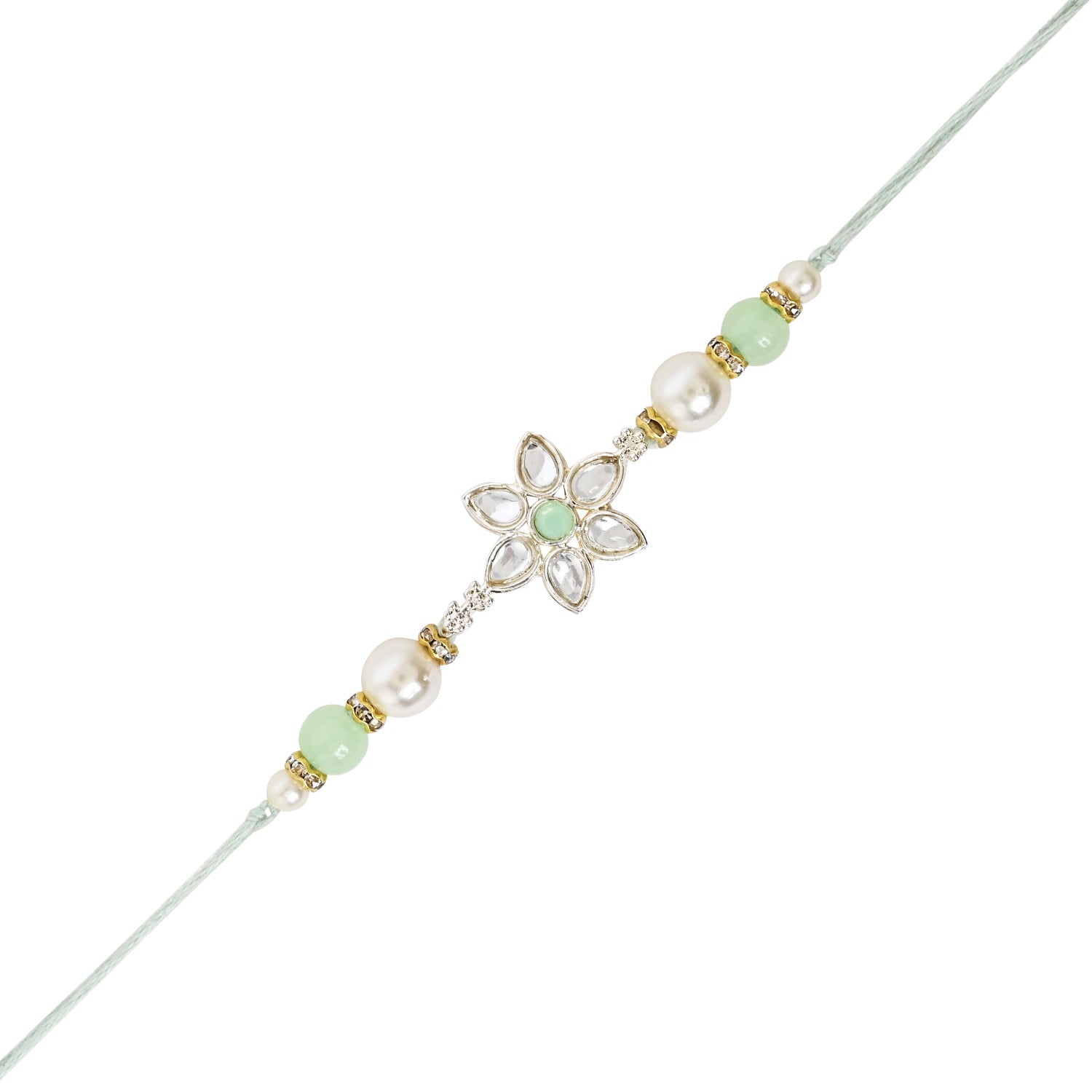 Elegant Bhaiya Bhabhi Mint Lumba Pearl & Rakhi With Roli Chawal &Card