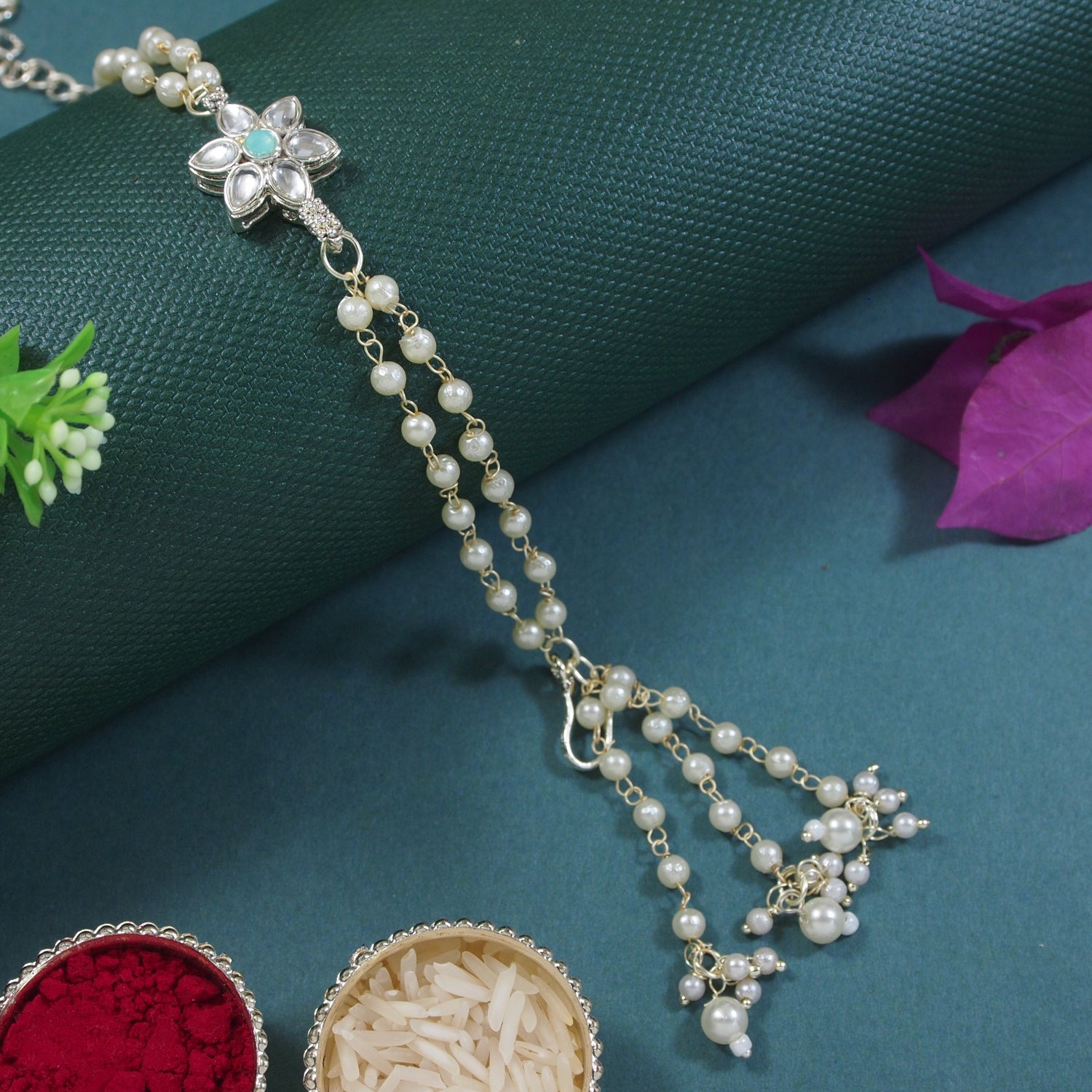 Mint Pearl & Kundan Adjustable Bracelet