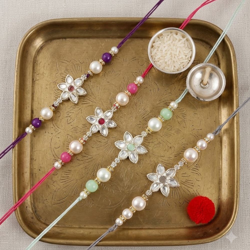 Elegance Kundan & Pearl Beads Rakhi with Roli Chawal & Card (Pack of 4)