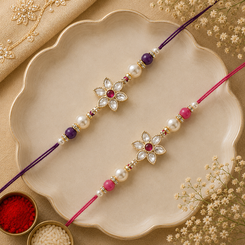 Elegance Kundan & Pearl Beads Rakhi with Roli Chawal & Card (Pack of 2)