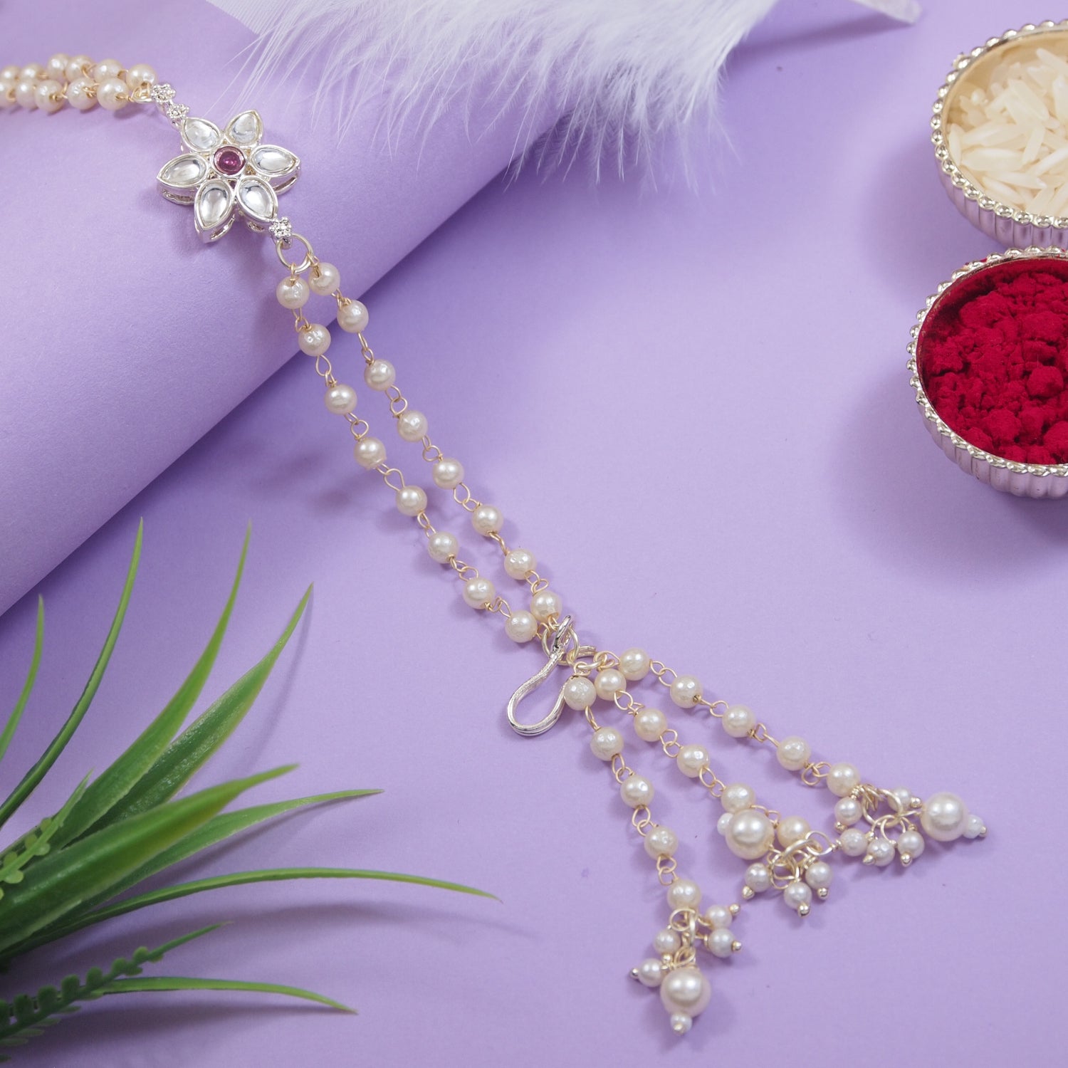 Wine Pearl & Kundan Adjustable Bracelet