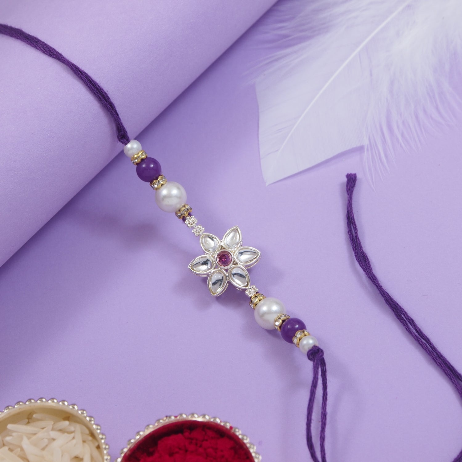 Elegance Kundan & Pearl Beads Rakhi with Roli Chawal & Card (Pack of 2)