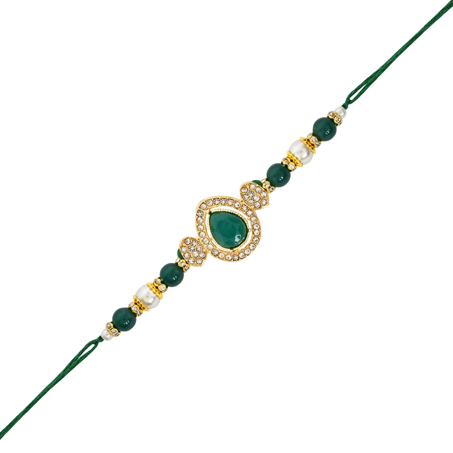Elegant Bhaiya Bhabhi Green Lumba & Pearl Rakhi With Roli Chawal &Card
