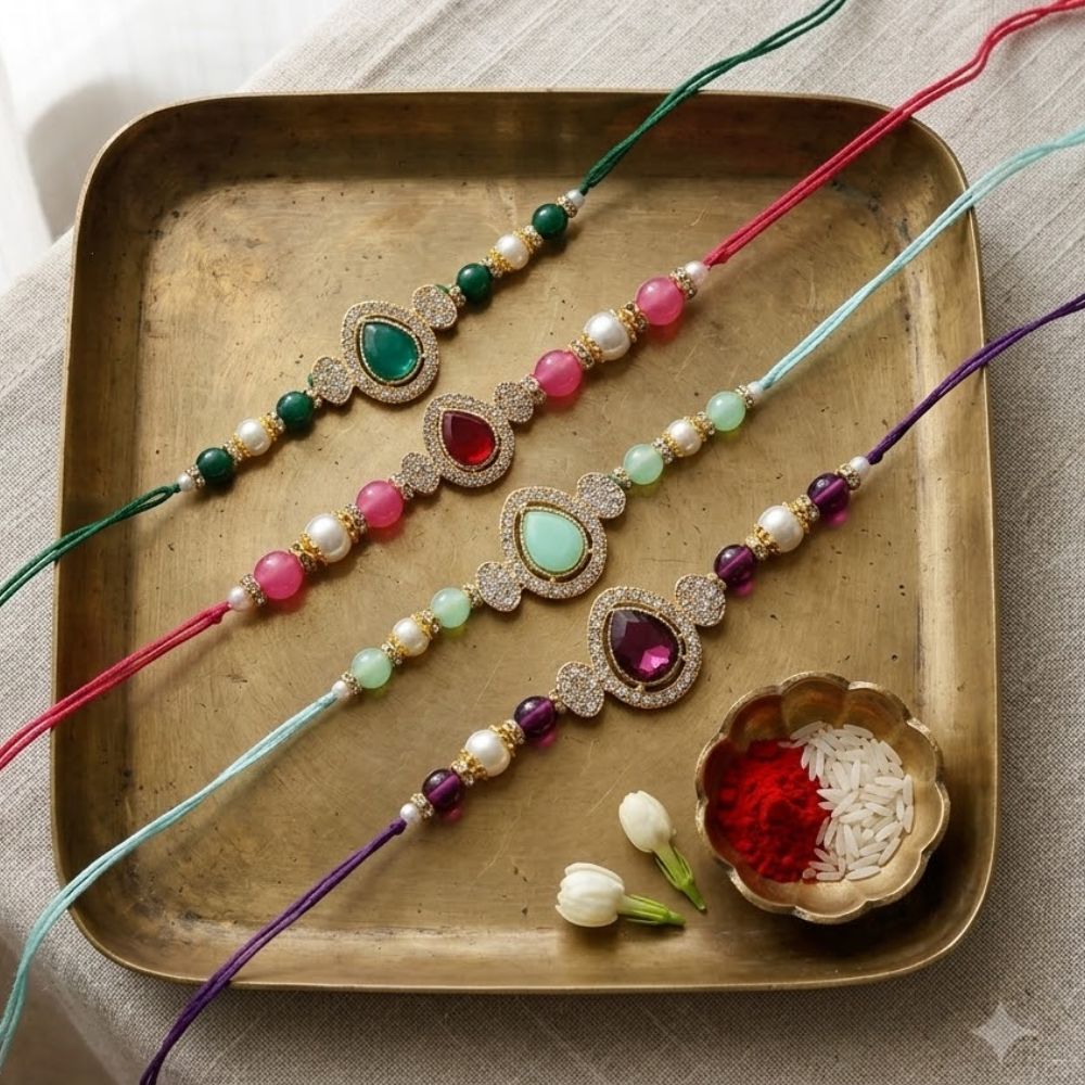 Elegance Kundan & Pearl Beads Rakhi with Roli Chawal & Card (Pack of 4)