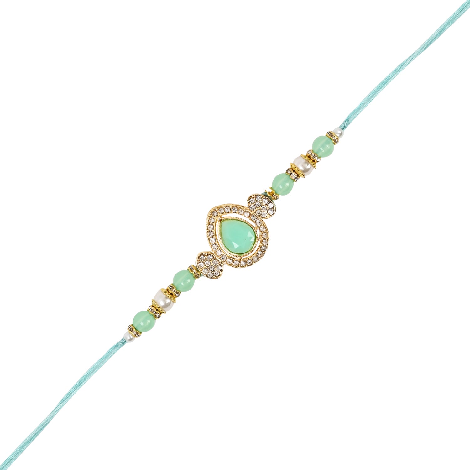 Elegant Bhaiya Bhabhi Mint Lumba Pearl & Rakhi With Roli Chawal & Card