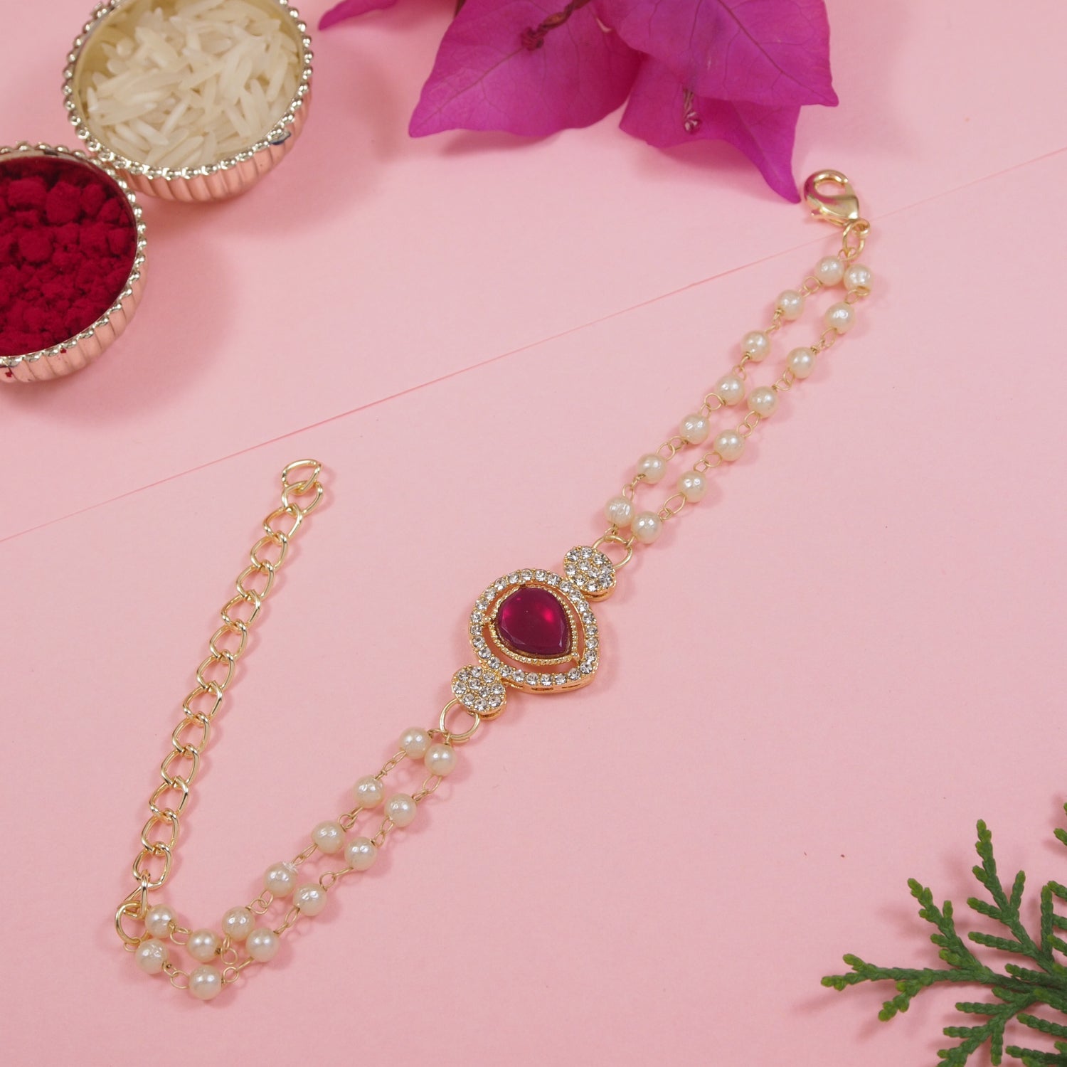 Pink Pearl & Kundan Adjustable Bracelet