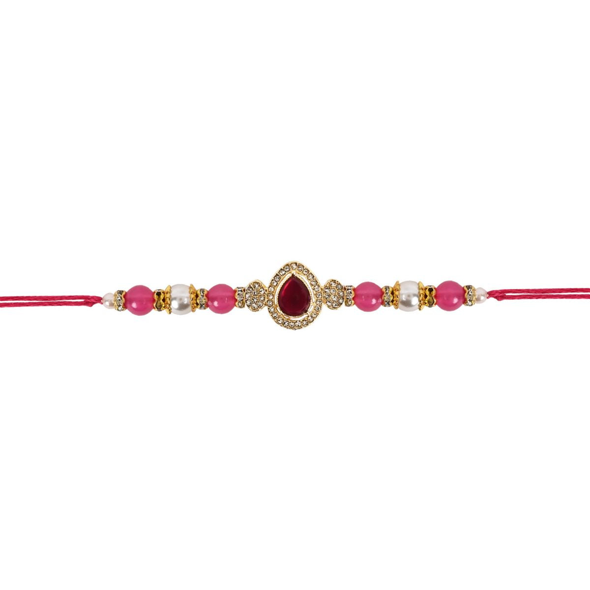 Delicate Pearl Beads Pink Rakhi with Roli Chawal & Rakshabandhan Card
