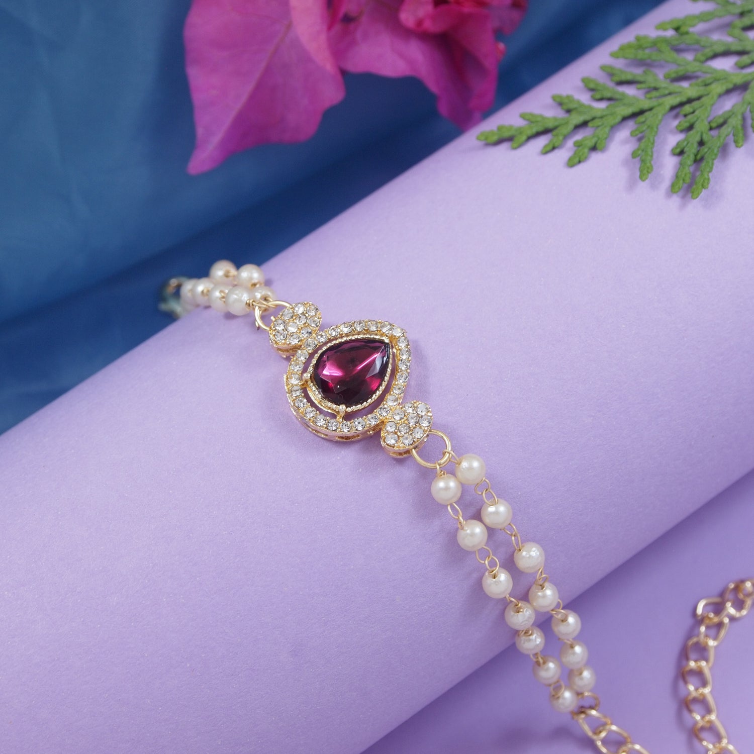 Wine Pearl & Kundan Adjustable Bracelet