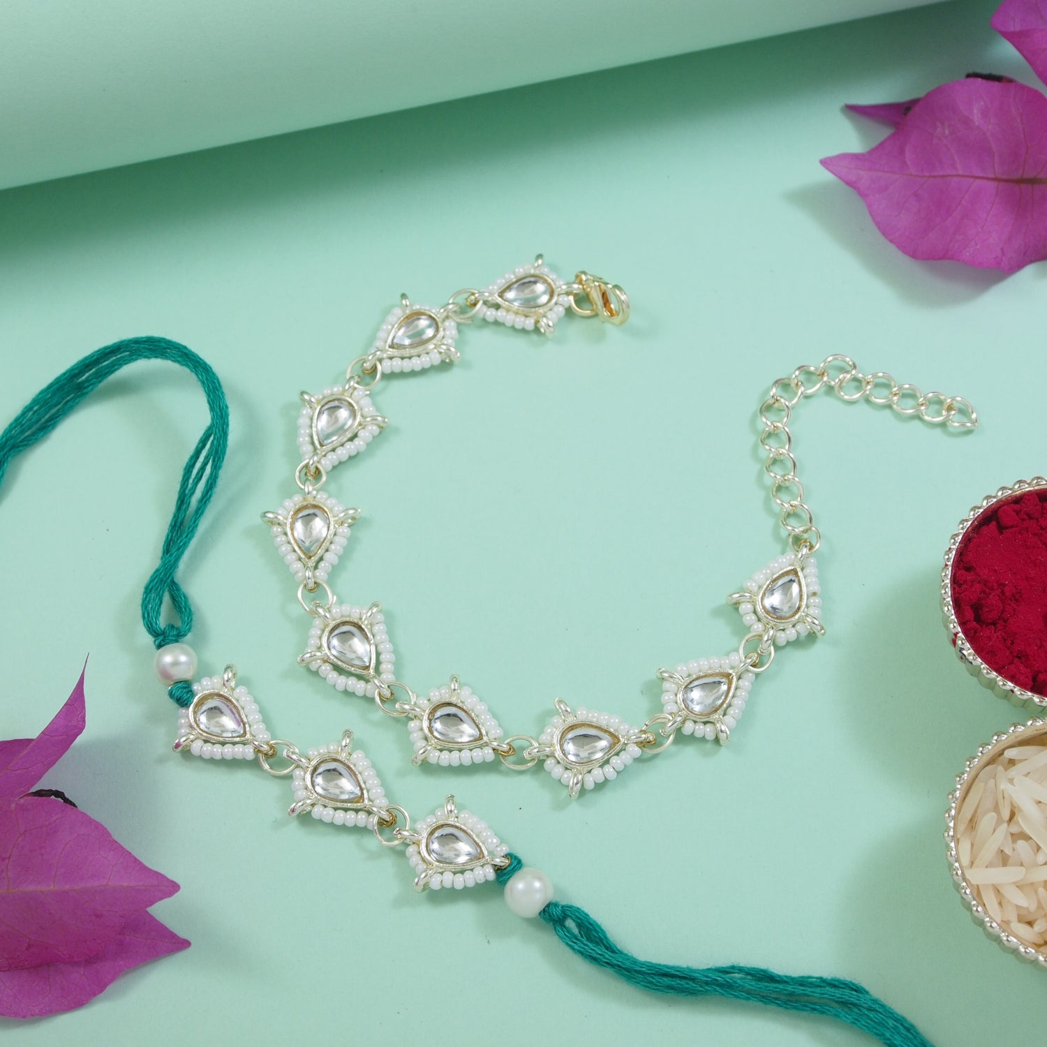 Elegant Bhaiya Bhabhi Green Lumba & Pearl Rakhi With Roli Chawal &Card
