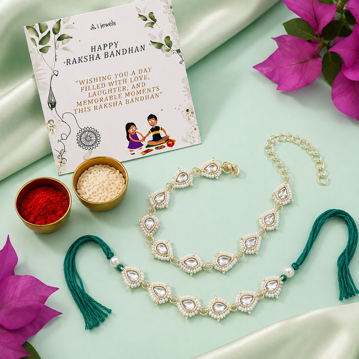 Elegant Bhaiya Bhabhi Green Lumba & Pearl Rakhi With Roli Chawal &Card