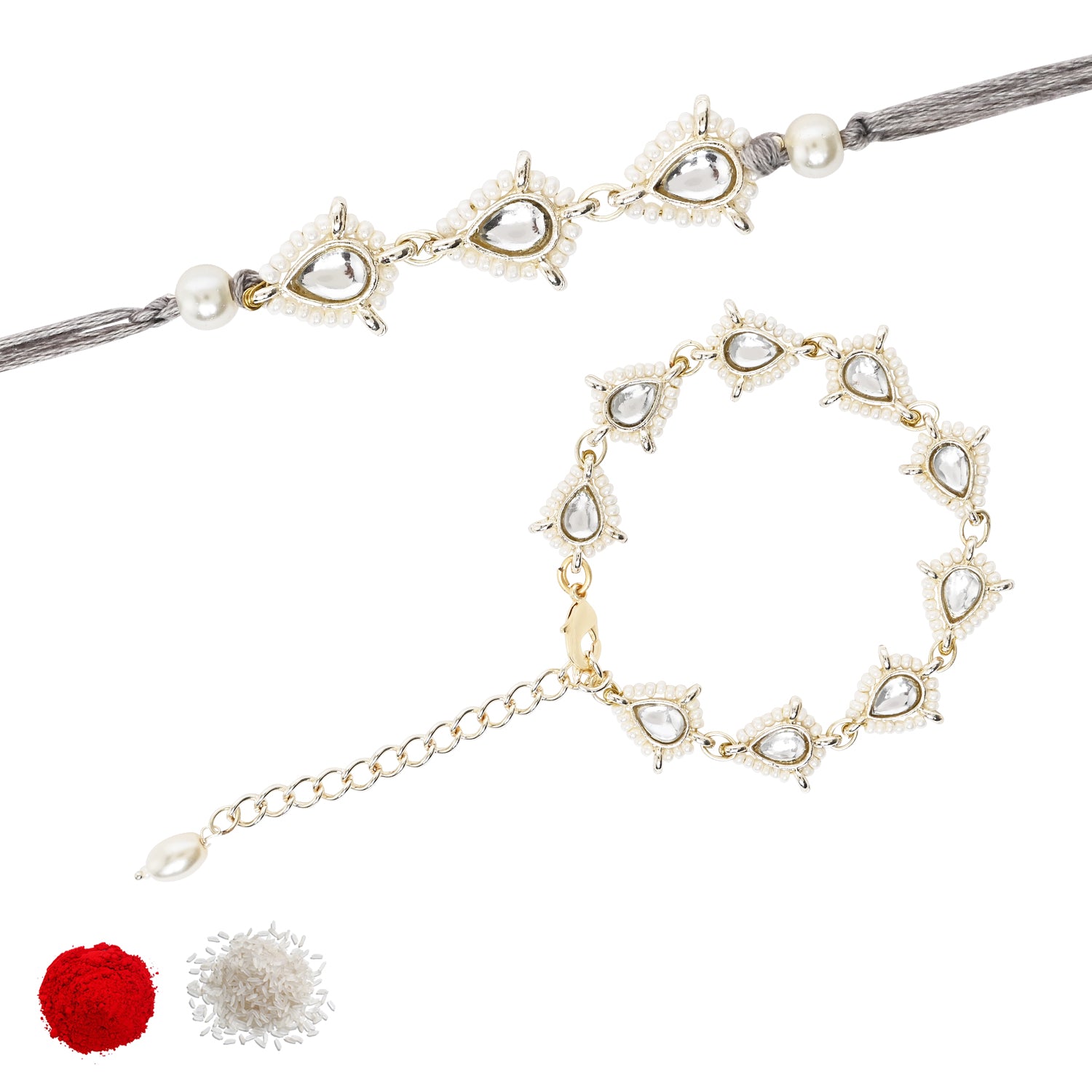 Elegant Bhaiya Bhabhi Green Lumba & Pearl Rakhi With Roli Chawal & Card