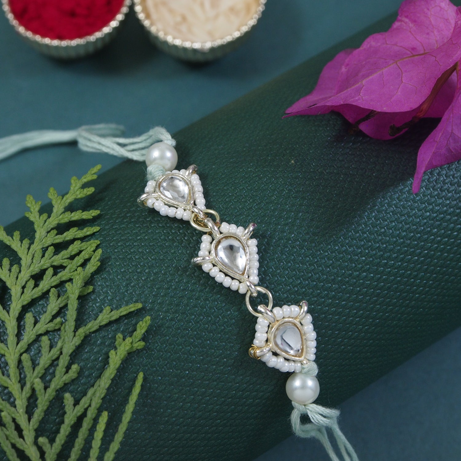 Delicate Pearl Beads Mint Rakhi with Roli Chawal & Rakshabandhan Card