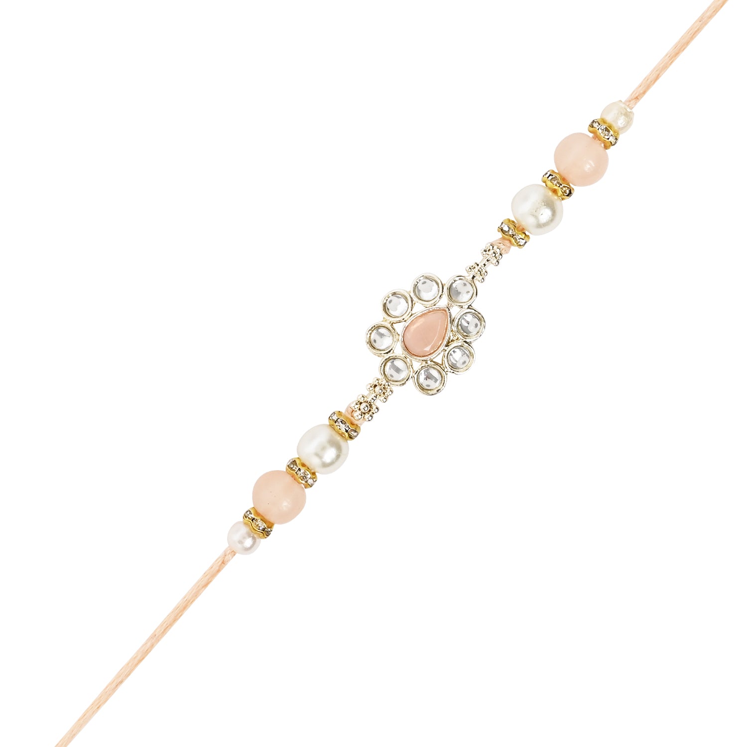Elegant Bhaiya Bhabhi Peach Lumba Pearl & Rakhi With Roli Chawal &Card