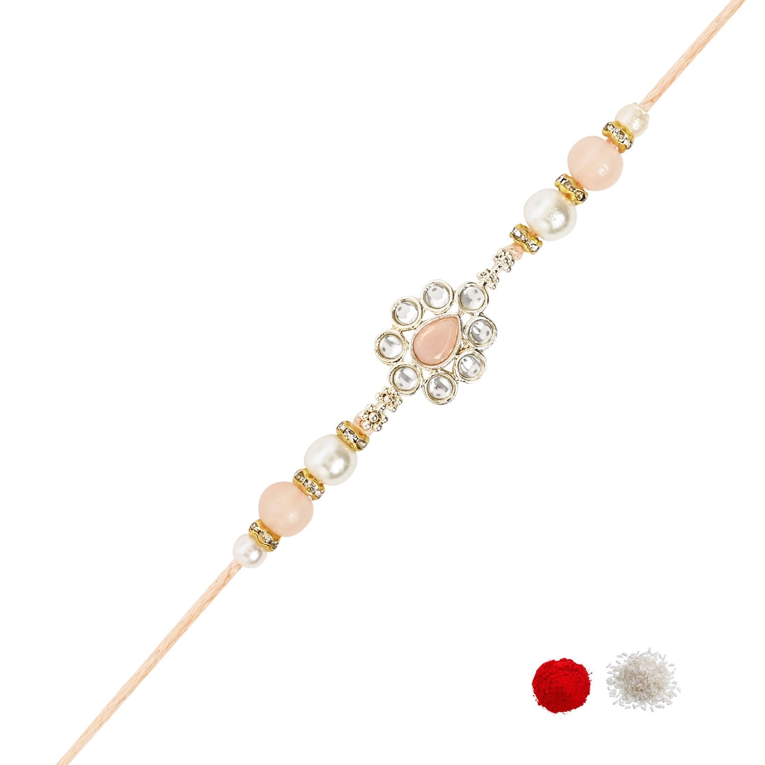 Delicate Pearl Beads Peach Rakhi with Roli Chawal & Rakshabandhan Card