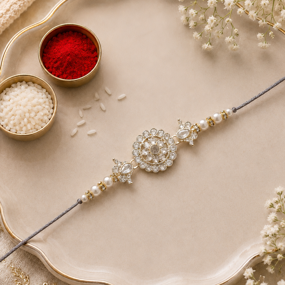 Delicate Pearl Beads Grey Rakhi with Roli Chawal & Rakshabandhan Card