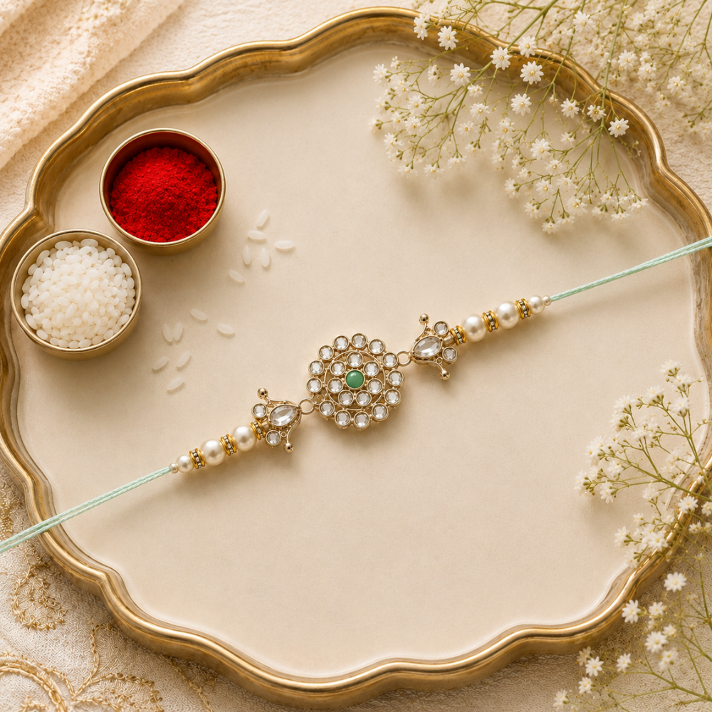 Delicate Pearl Beads Mint Rakhi with Roli Chawal & Rakshabandhan Card