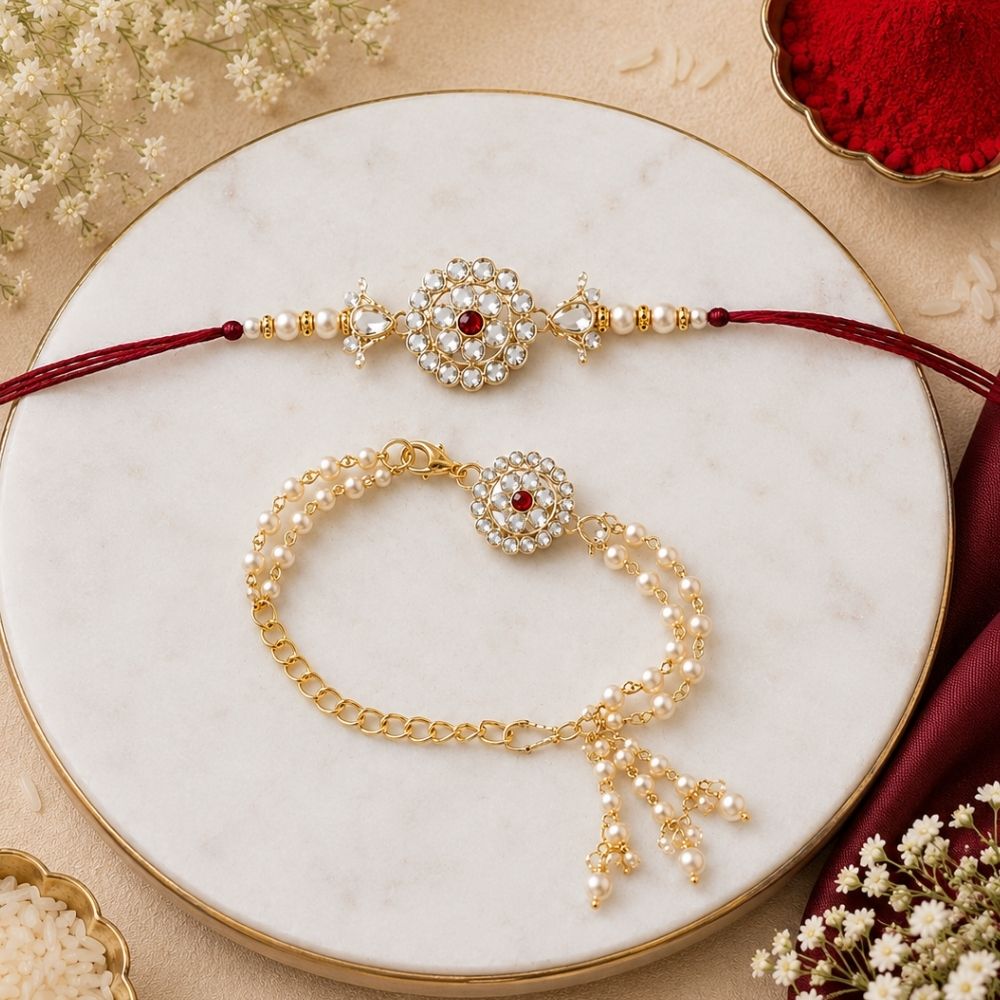 Elegant Bhaiya Bhabhi Pink Lumba Pearl & Rakhi With Roli Chawal &Card