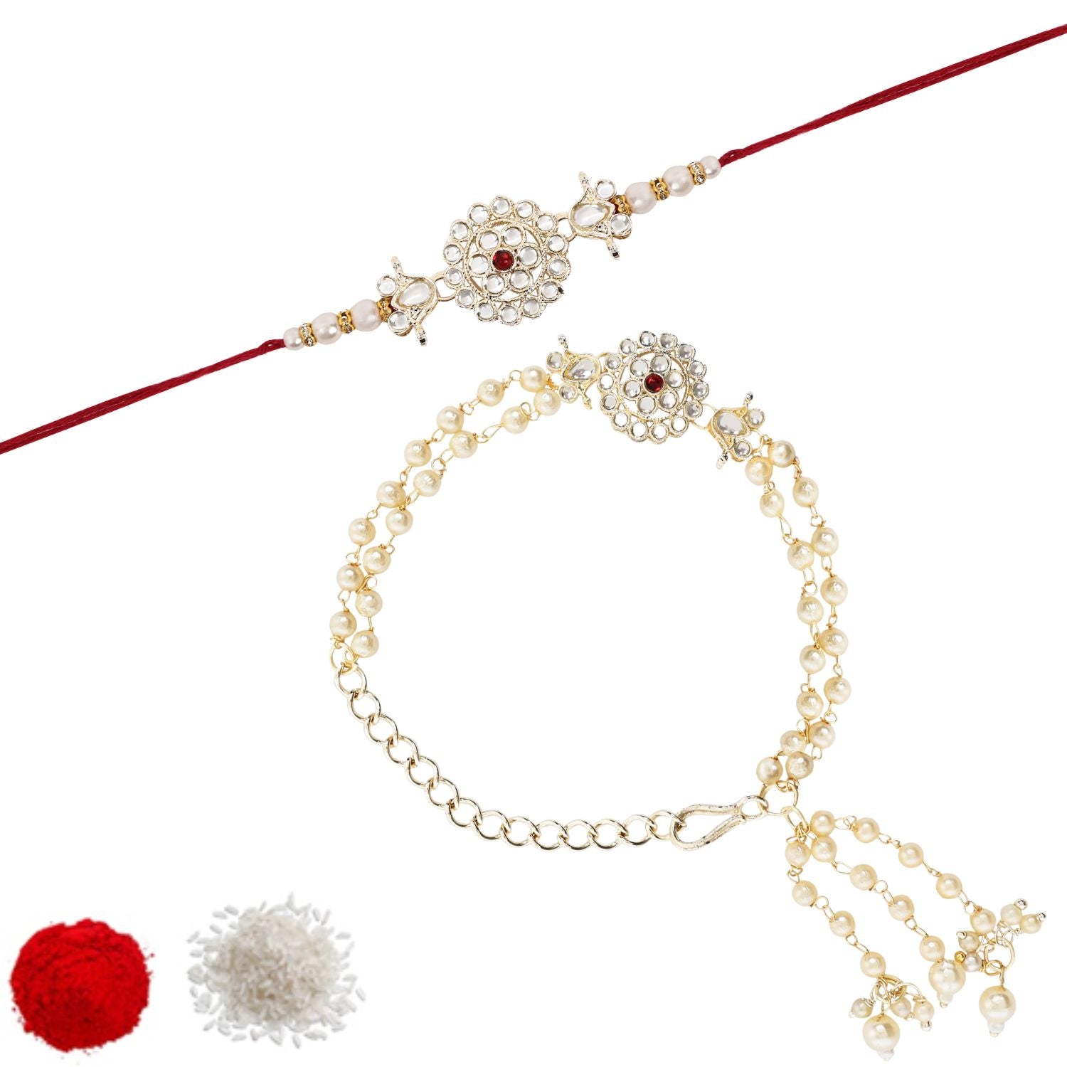 Elegant Bhaiya Bhabhi Pink Lumba Pearl & Rakhi With Roli Chawal &Card