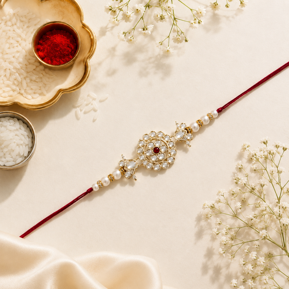 Delicate Pearl Beads Pink Rakhi with Roli Chawal & Rakshabandhan Card