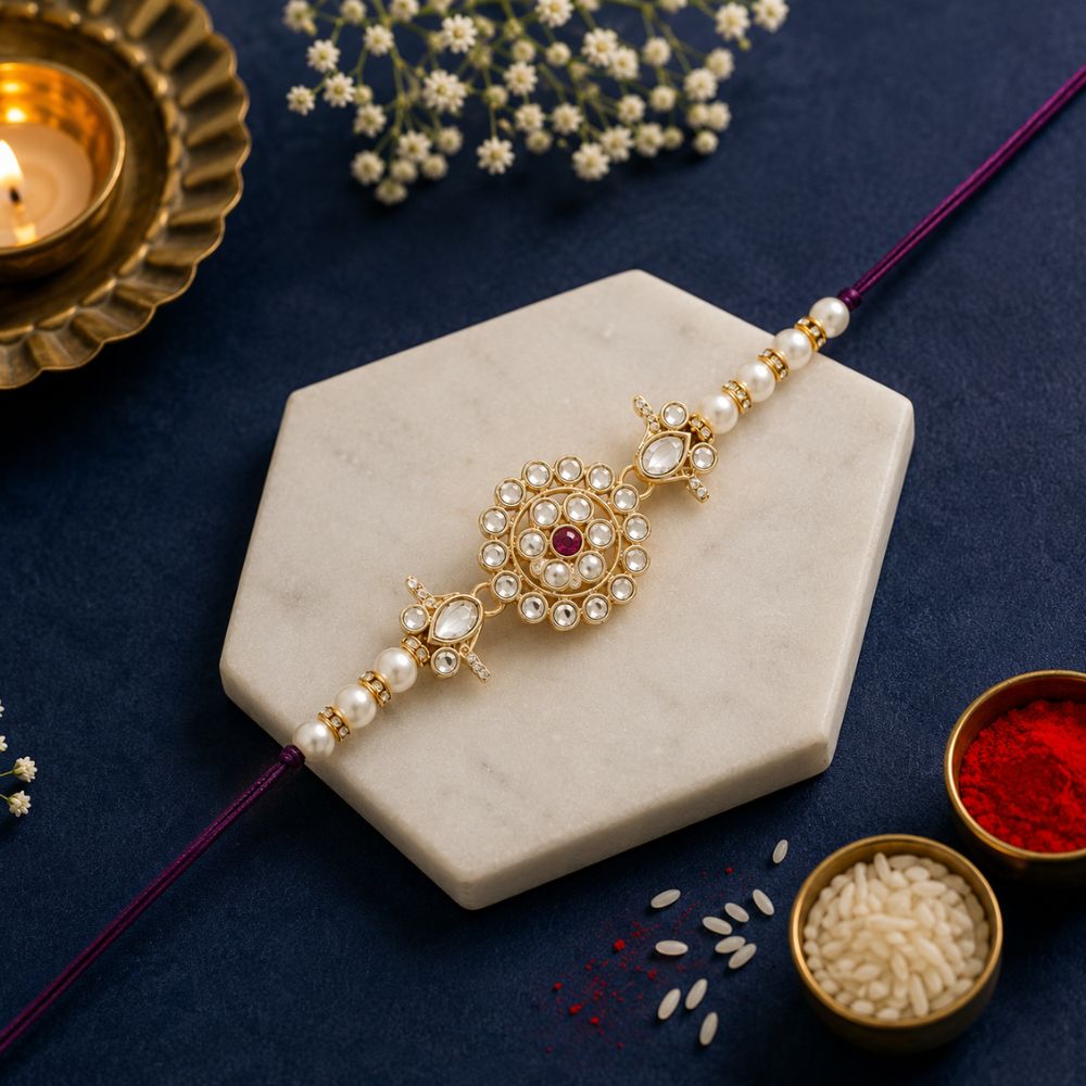 Delicate Pearl Beads Wine Rakhi with Roli Chawal & Rakshabandhan Card