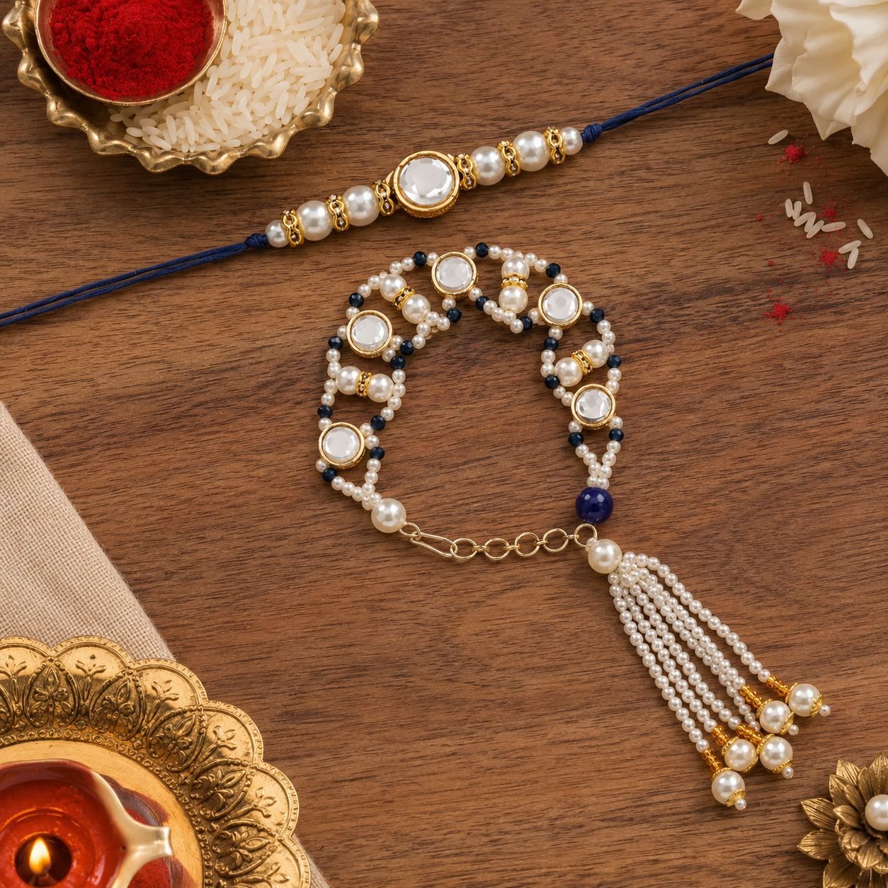 Elegant Bhaiya Bhabhi Blue Lumba & Pearl Rakhi With Roli Chawal &Card