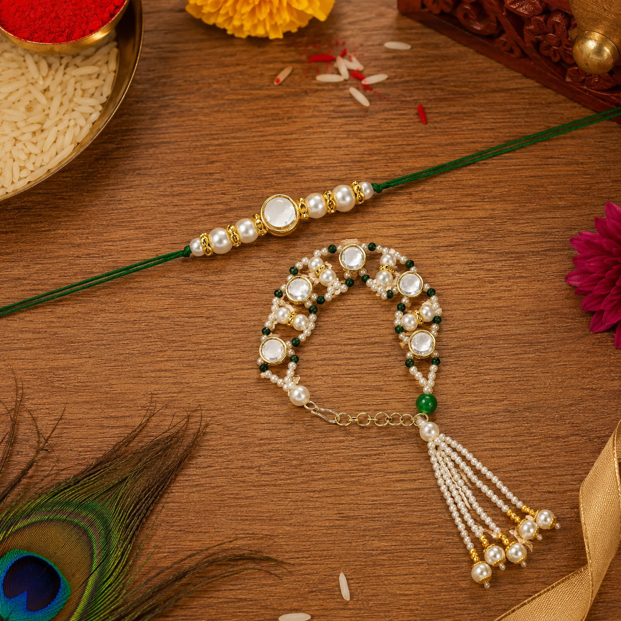 Elegant Bhaiya Bhabhi Green Lumba & Pearl Rakhi With Roli Chawal &Card