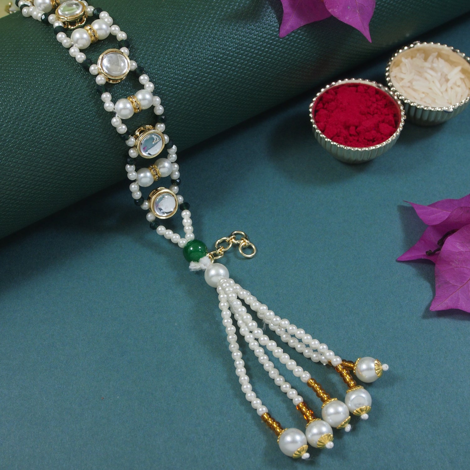 Green Pearl & Kundan Adjustable Bracelet
