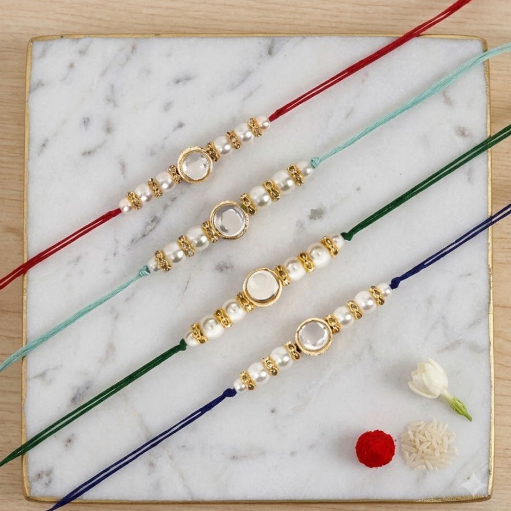 Elegance Kundan & Pearl Beads Rakhi with Roli Chawal & Card (Pack of 4)