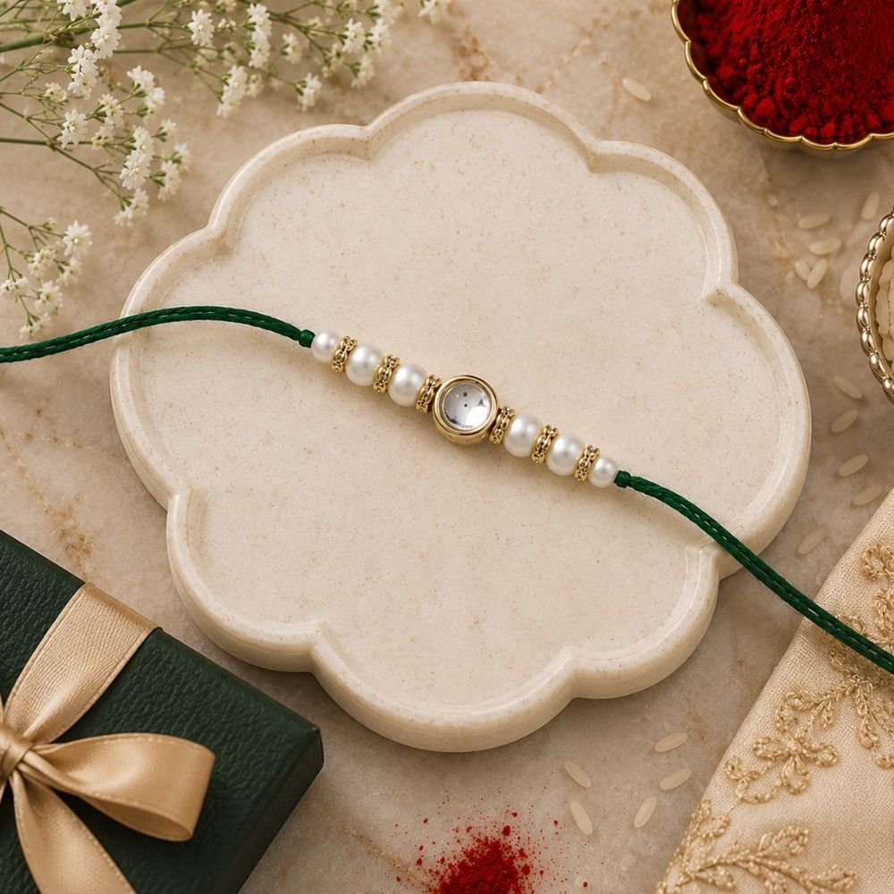 Delicate Pearl Beads Green Rakhi with Roli Chawal & Rakshabandhan Card