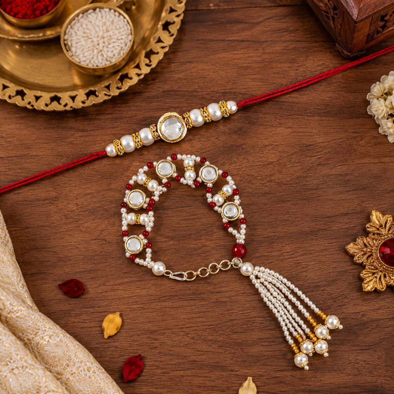 Elegant Bhaiya Bhabhi Red Lumba Pearl & Rakhi With Roli Chawal &Card