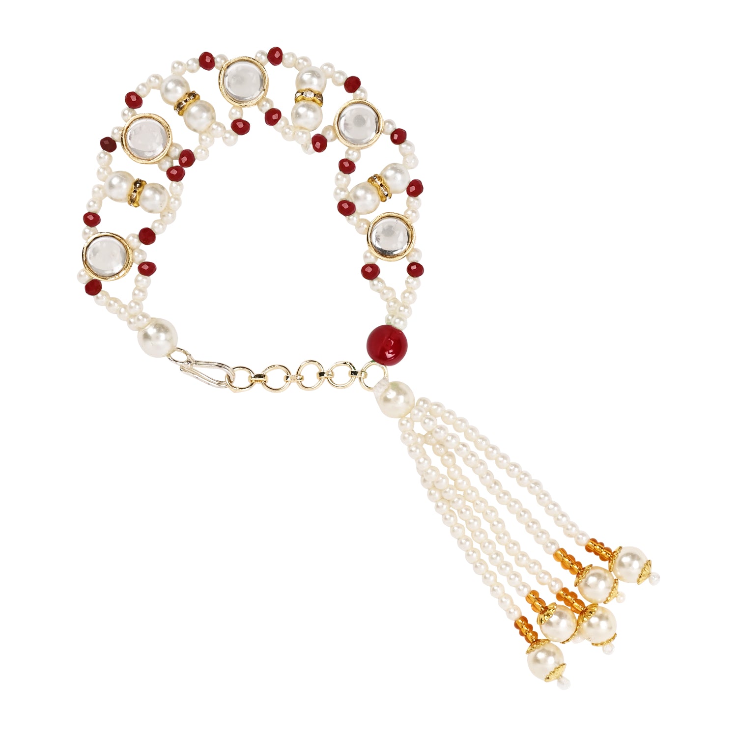Red Pearl & Kundan Adjustable Bracelet