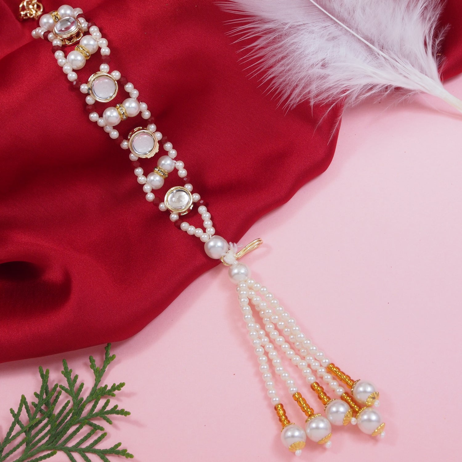 Red Pearl & Kundan Adjustable Bracelet