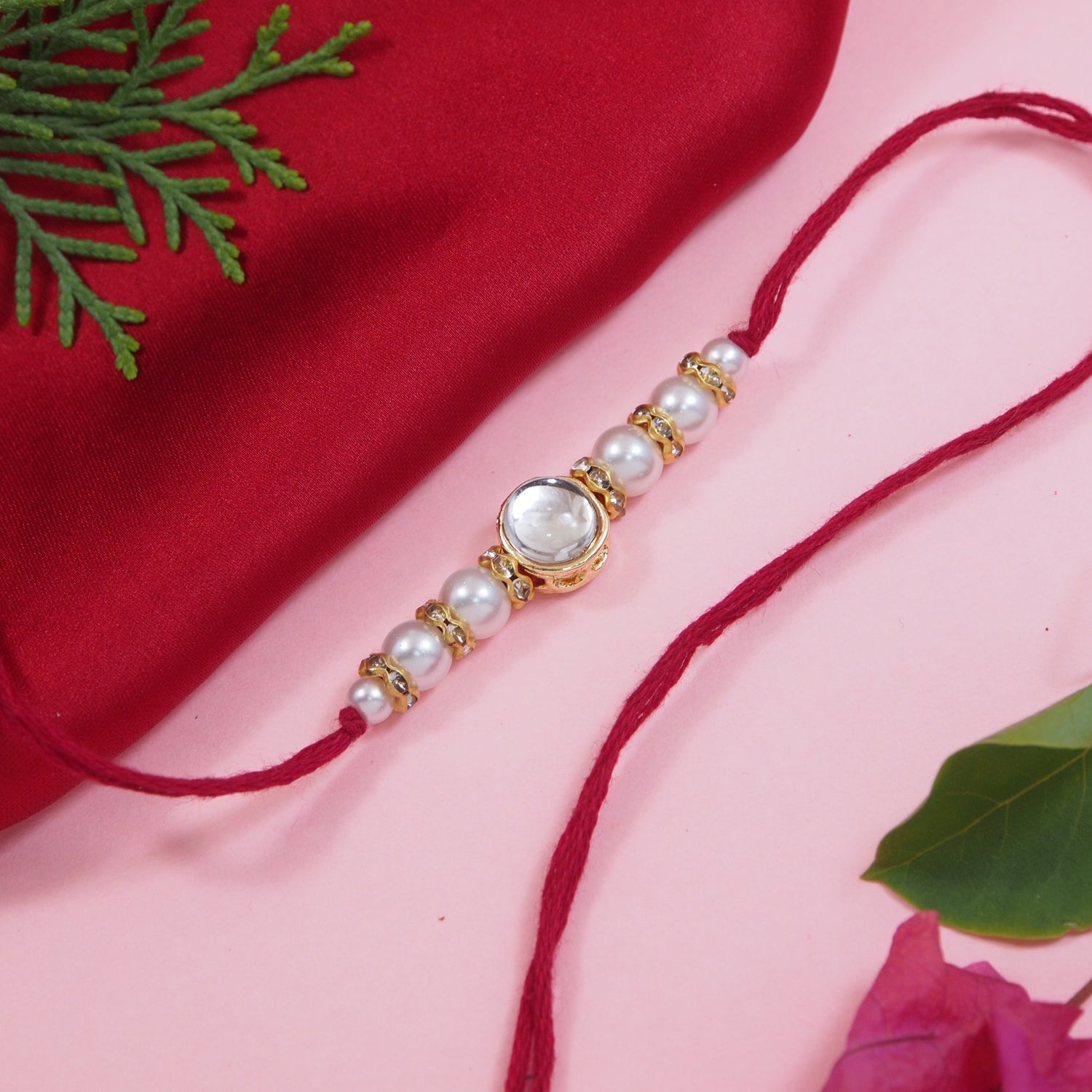 Delicate Pearl Beads Red Rakhi with Roli Chawal & Rakshabandhan Card