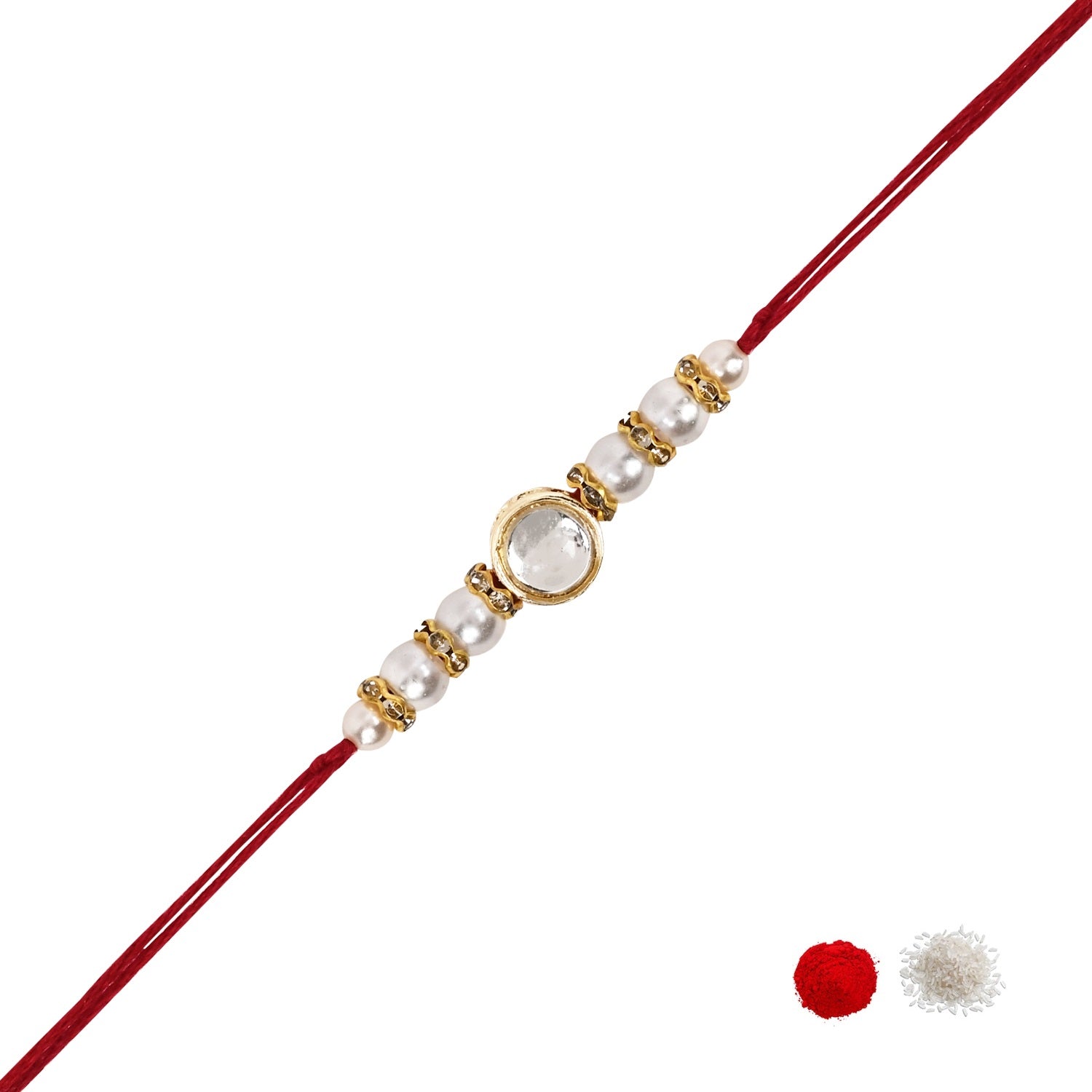 Delicate Pearl Beads Red Rakhi with Roli Chawal & Rakshabandhan Card