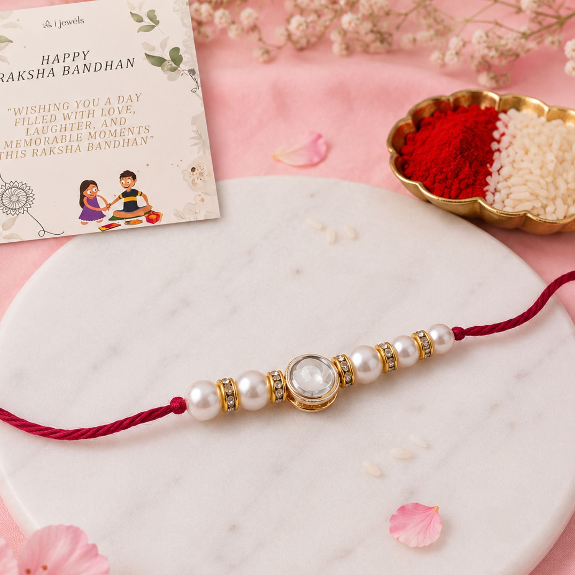 Delicate Pearl Beads Red Rakhi with Roli Chawal & Rakshabandhan Card