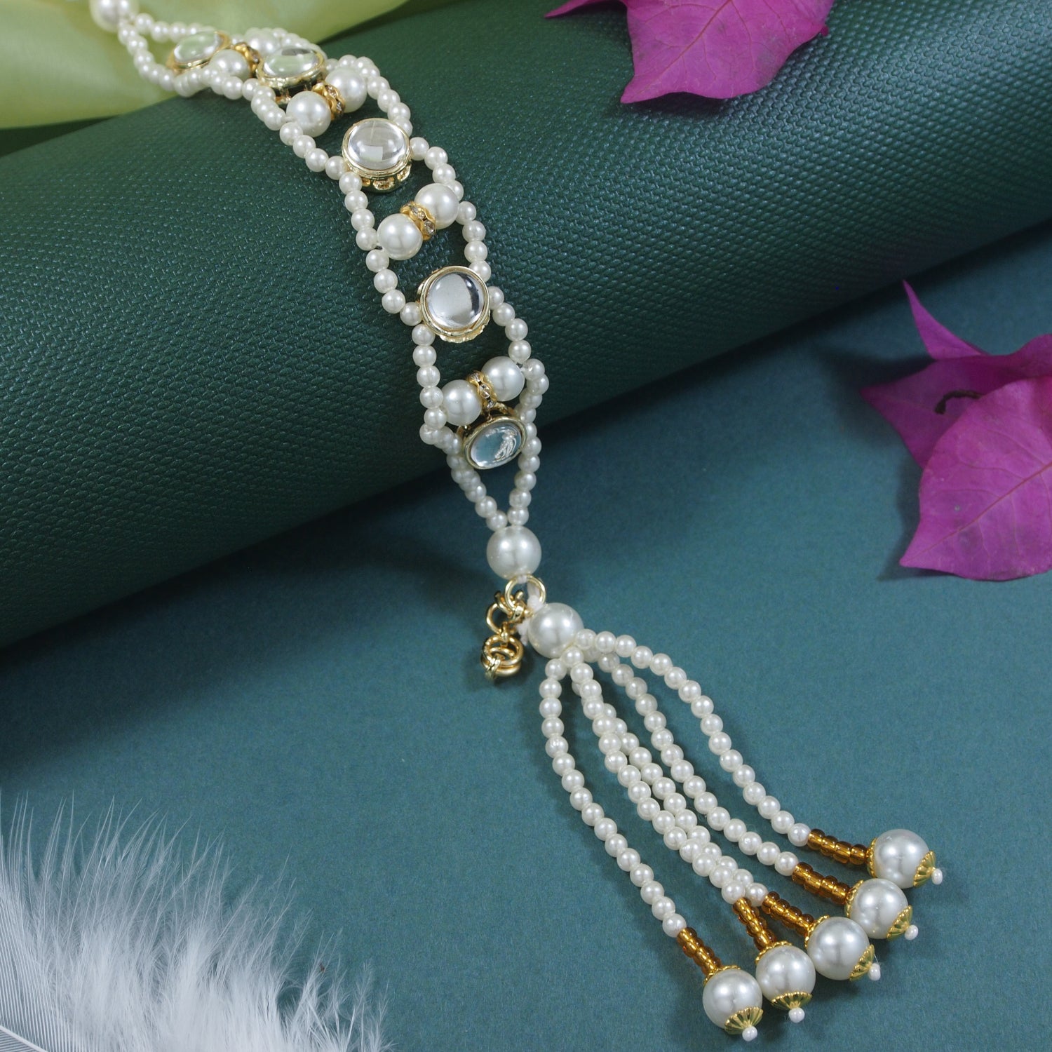 White Pearl & Kundan Adjustable Bracelet