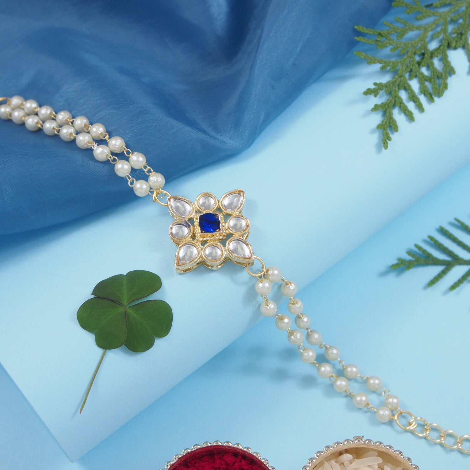 Blue Pearl & Kundan Adjustable Bracelet