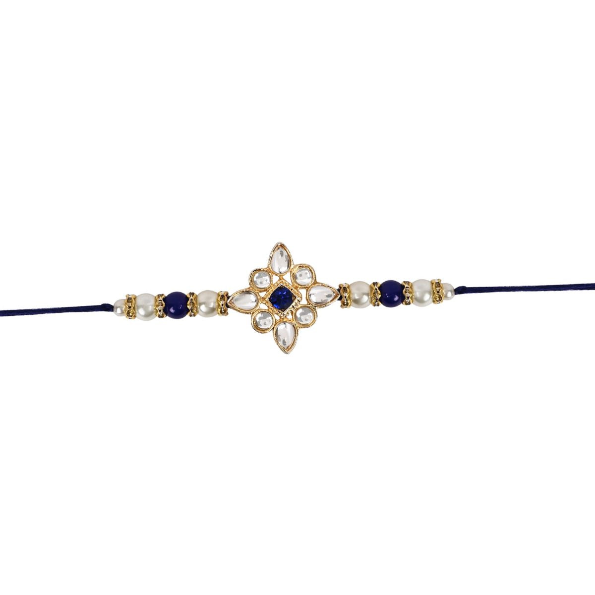 Delicate Pearl Beads Blue Rakhi with Roli Chawal & Rakshabandhan Card