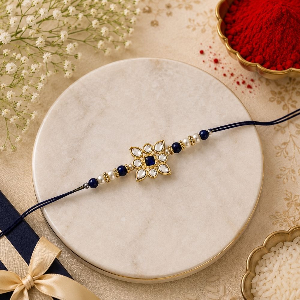 Delicate Pearl Beads Blue Rakhi with Roli Chawal & Rakshabandhan Card