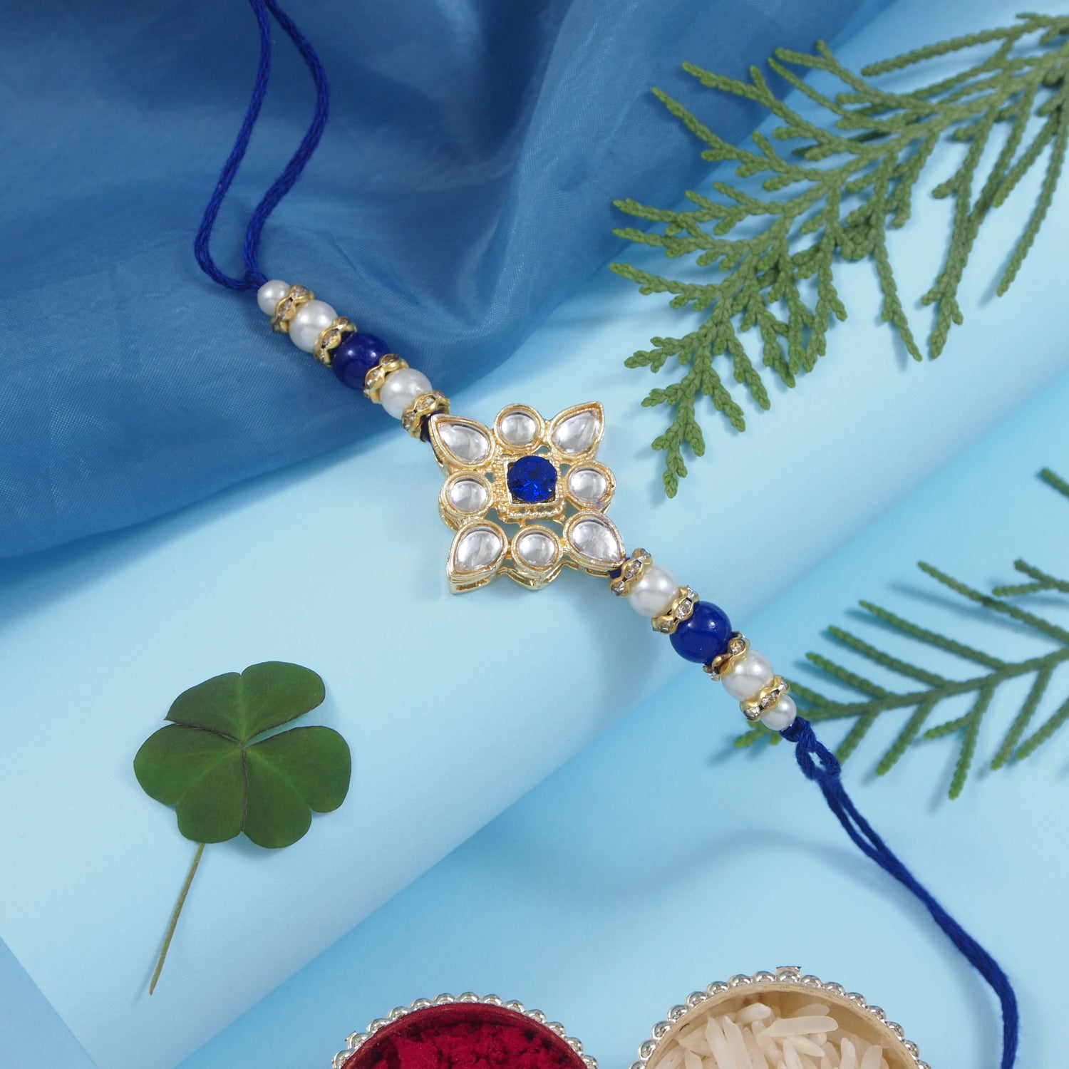 Delicate Pearl Beads Blue Rakhi with Roli Chawal & Rakshabandhan Card