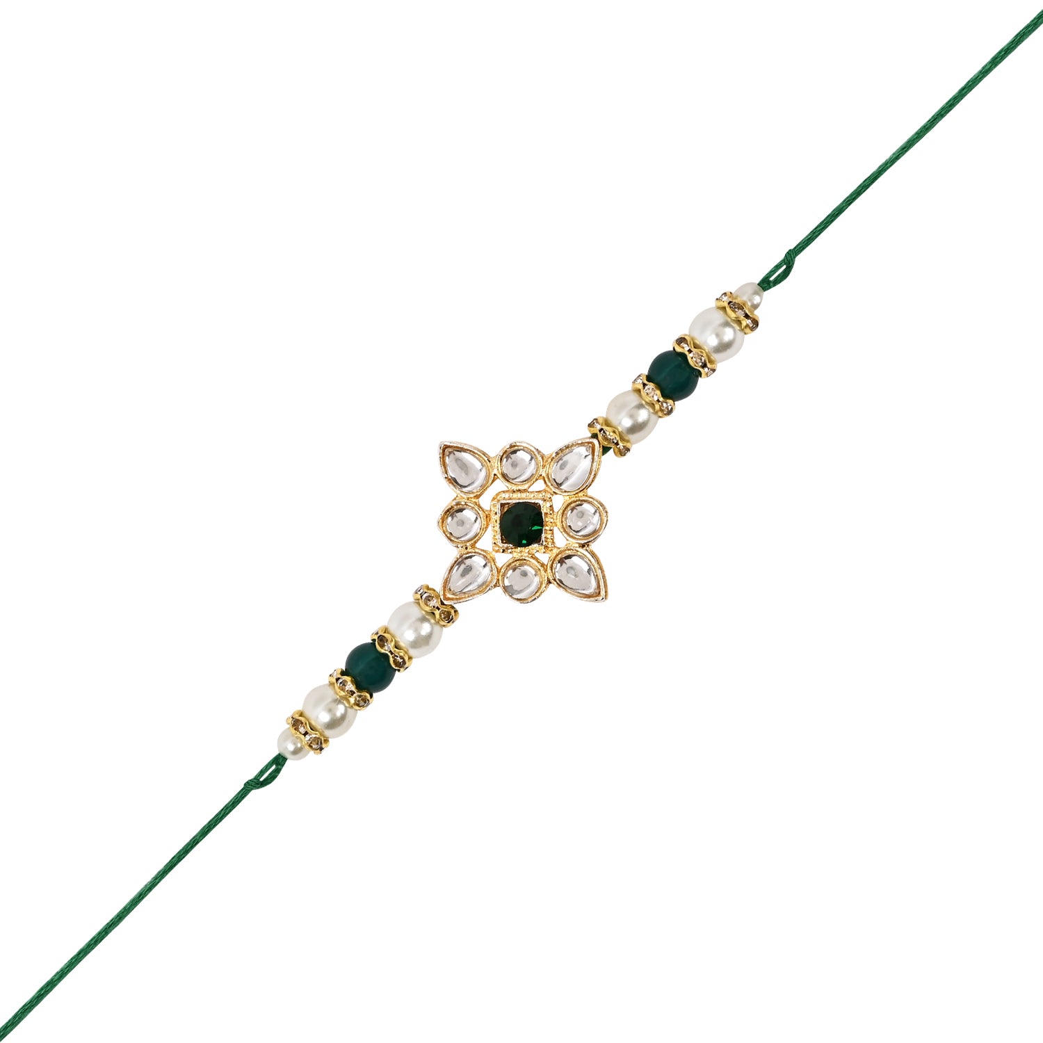 Elegant Bhaiya Bhabhi Green Lumba & Pearl Rakhi With Roli Chawal &Card