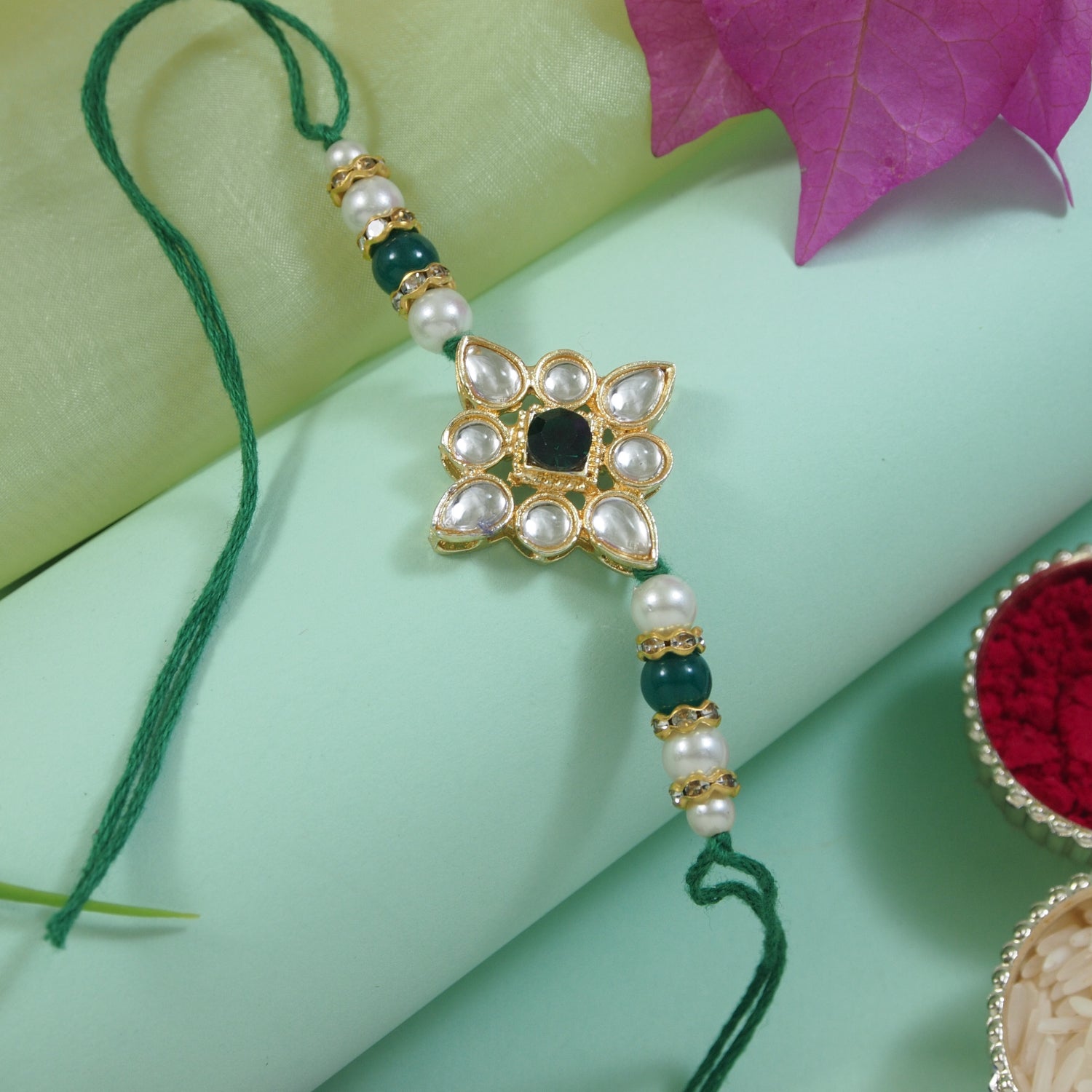 Delicate Pearl Beads Green Rakhi with Roli Chawal & Rakshabandhan Card