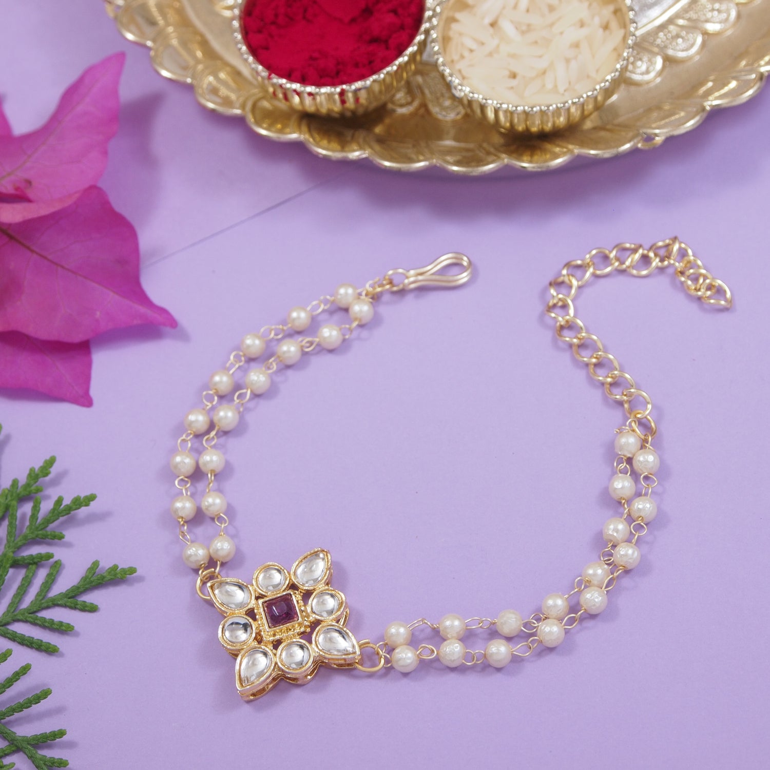 Wine Pearl & Kundan Adjustable Bracelet