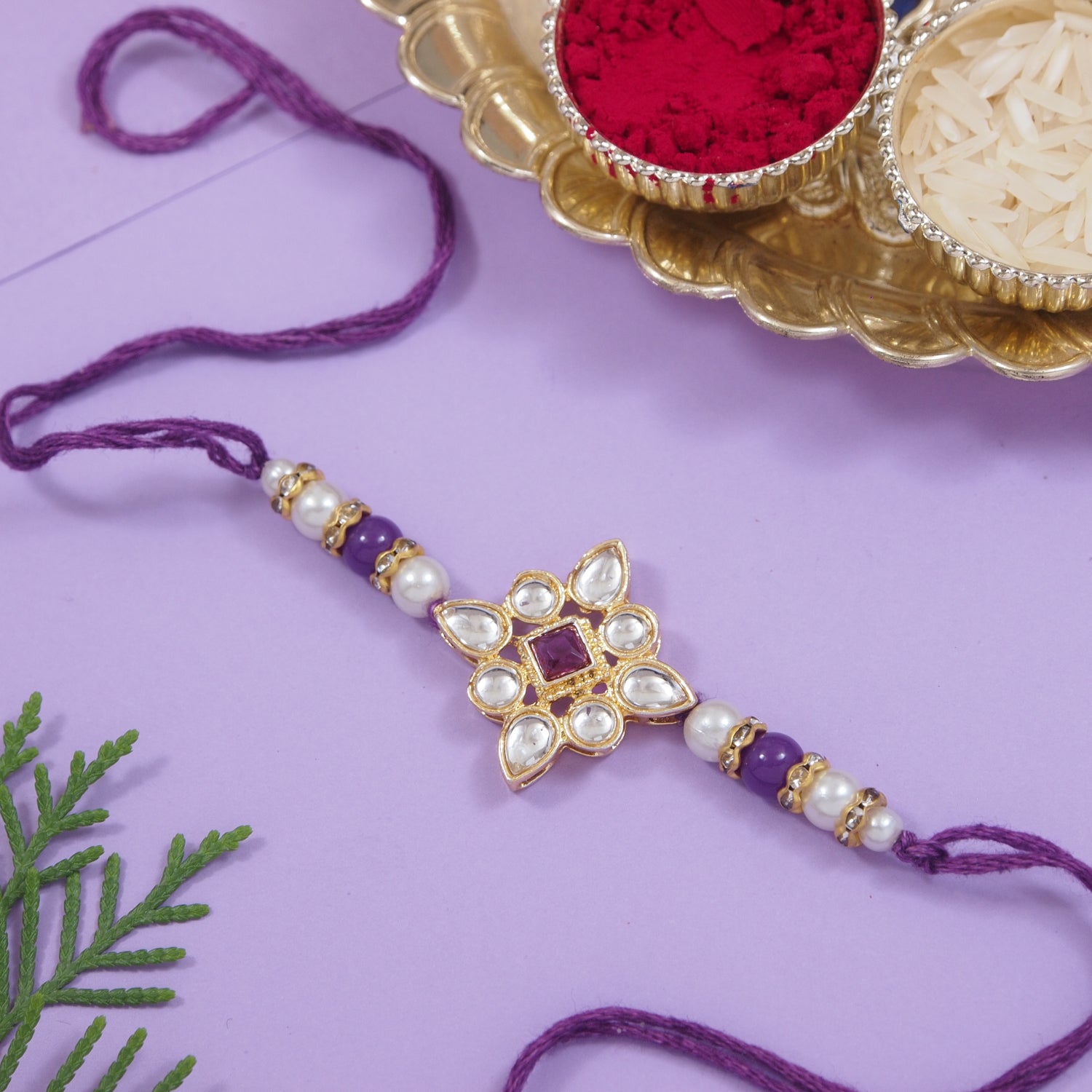 Delicate Pearl Beads Wine Rakhi with Roli Chawal & Rakshabandhan Card