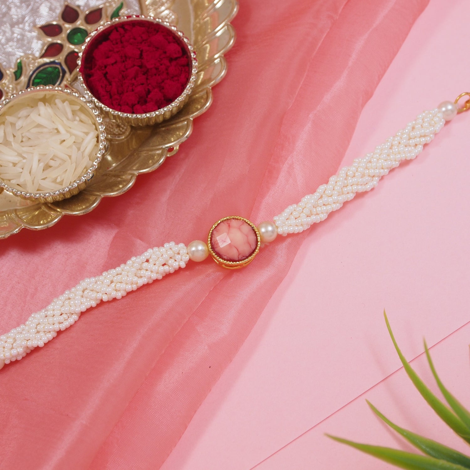 Elegantly Peach Pearl Beaded Adjustable Lumba Bracelet