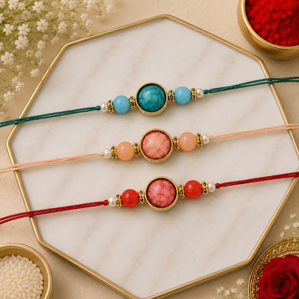 Elegance Kundan & Pearl Beads Rakhi with Roli Chawal & Card (Pack of 3)