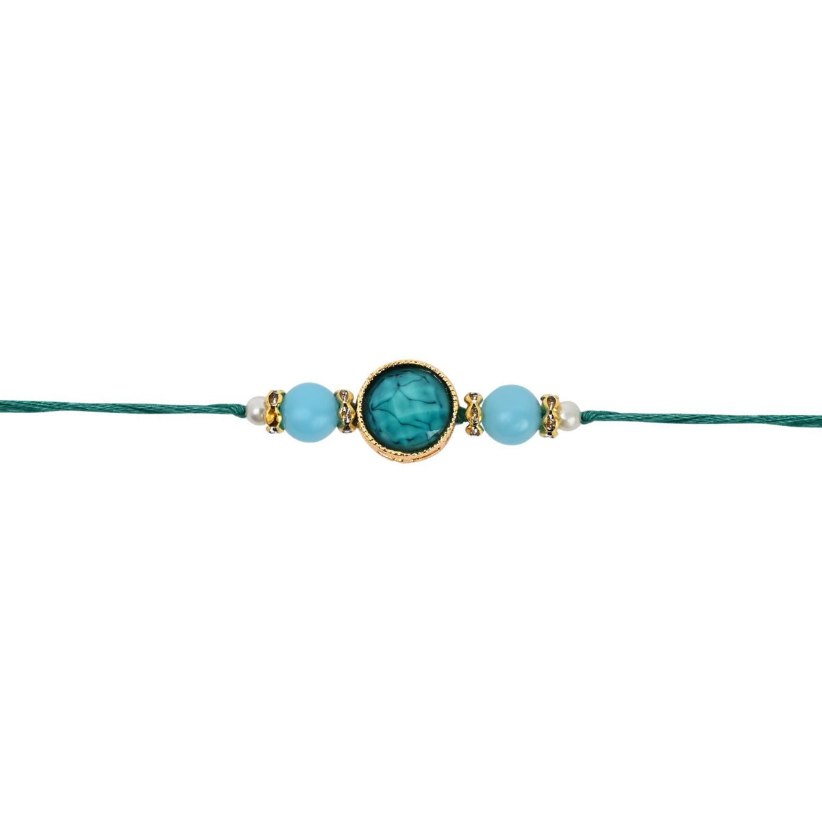 Delicate Pearl Beads Turquoise Rakhi with Roli Chawal & Rakshabandhan Card