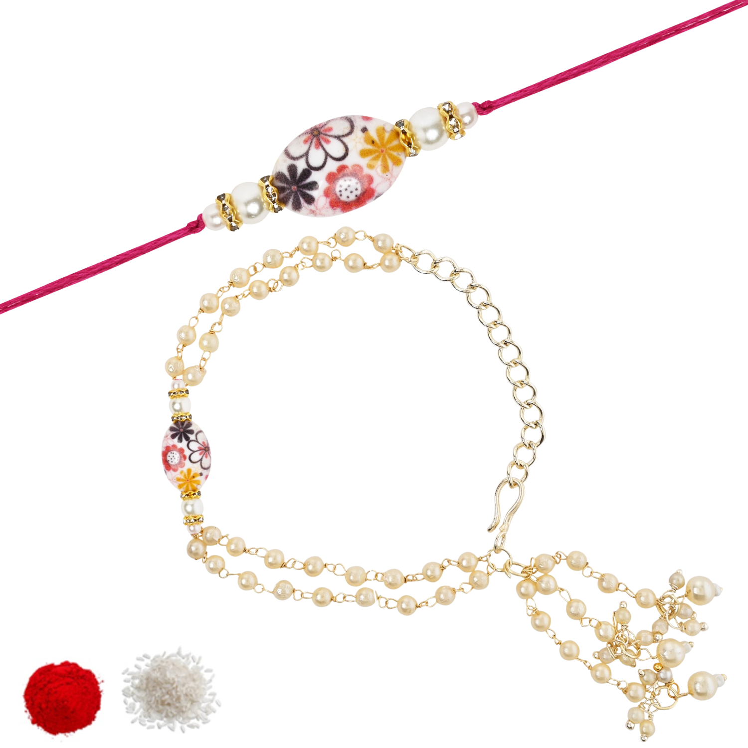 Elegant Bhaiya Bhabhi Pink Lumba Pearl & Rakhi With Roli Chawal &Card